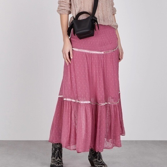 NWT‎ Free People Tiered Ruched Maxi Skirt Boho Pink $128 - Picture 1 of 11